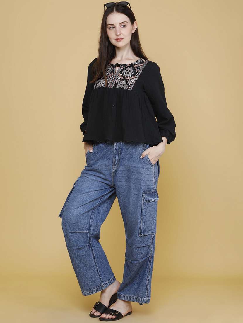 women embroidered three quarter sleeves a-line top - 22304734 -  Standard Image - 5