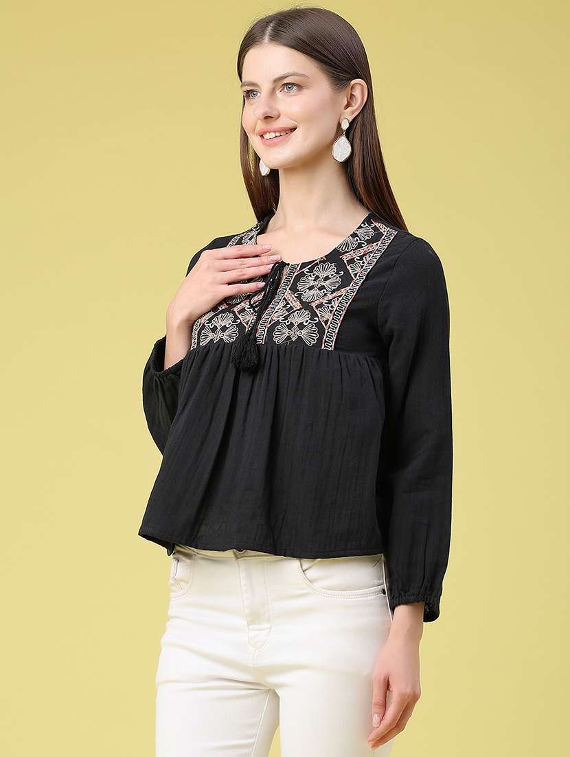 women embroidere dthree quarter sleeves a-line top - 22304735 -  Standard Image - 3