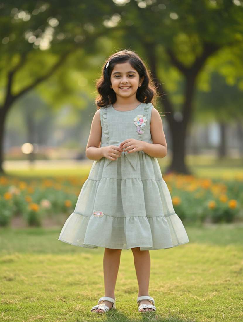 girls self designed sleeveless flared frock