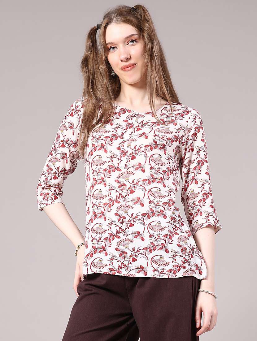 women floral three quarter sleeve straight kurti - 22305217 -  Standard Image - 3