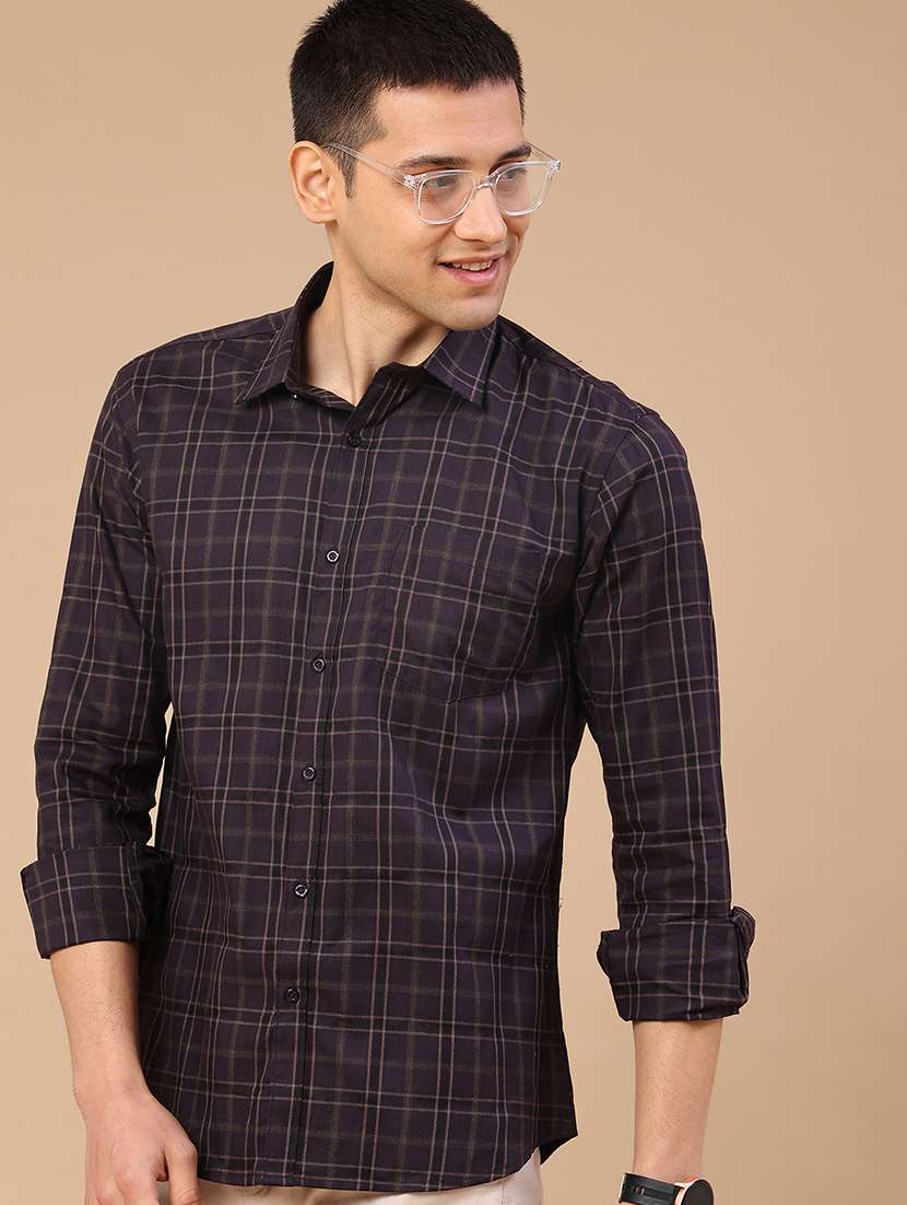 men checkered long sleeve slim fit casual shirt