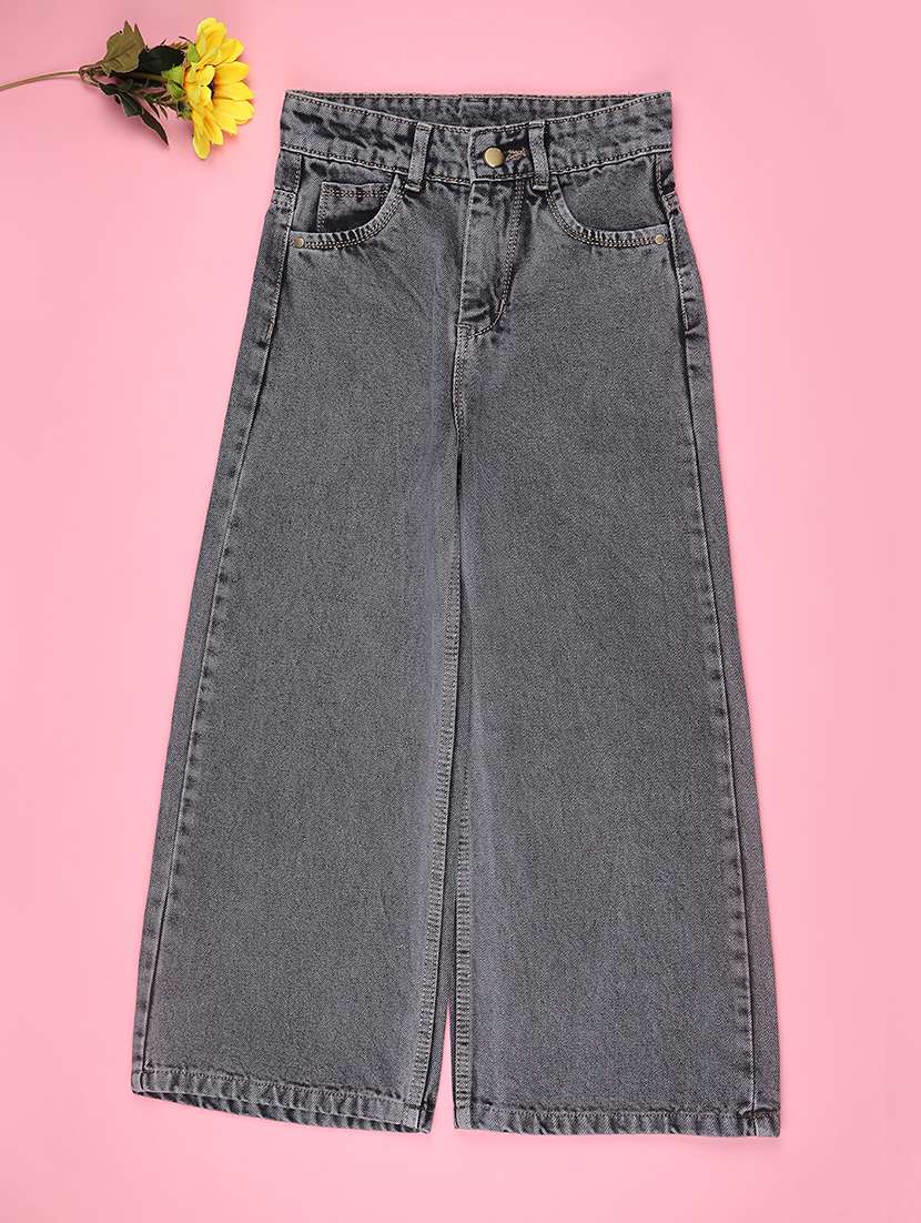 girls solid high rise wide leg jeans 