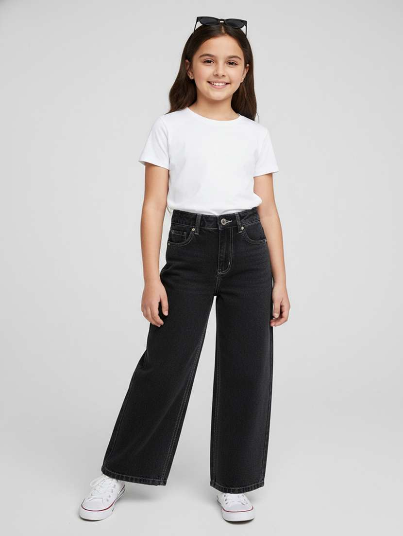 girls solid mid rise wide leg jeans