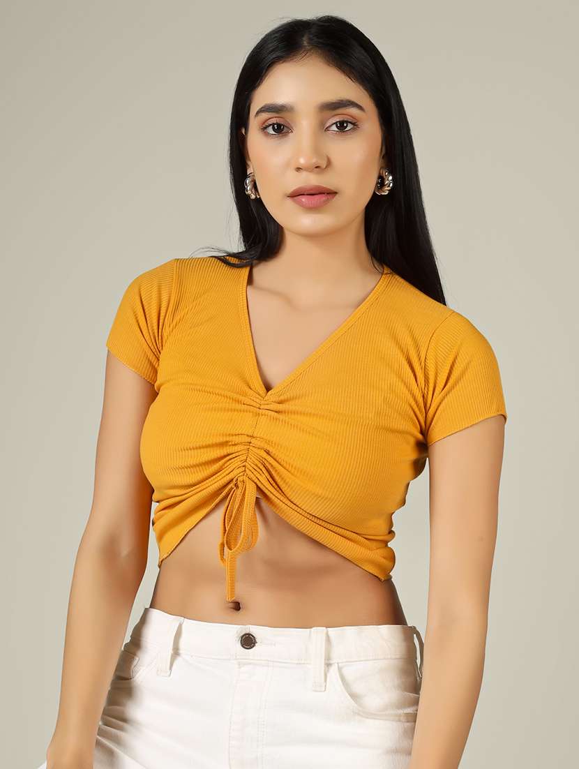 women solid short sleeve ruched crop top