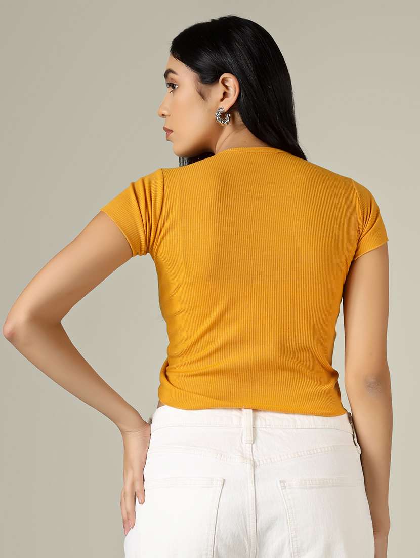 women solid short sleeve ruched crop top - 22305733 -  Standard Image - 3