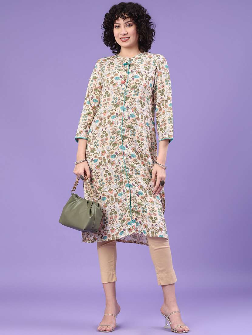 women floral printed three quarter sleeve a-line kurta