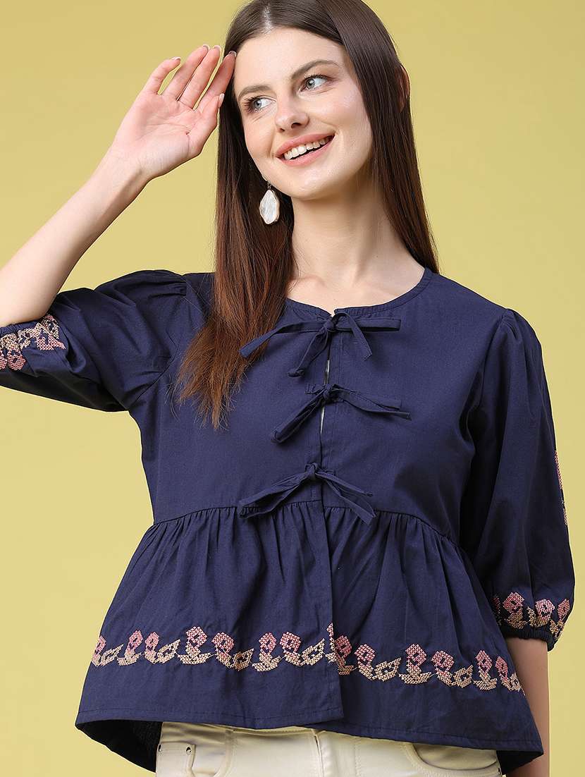 women embroidered puff sleeves peplum top