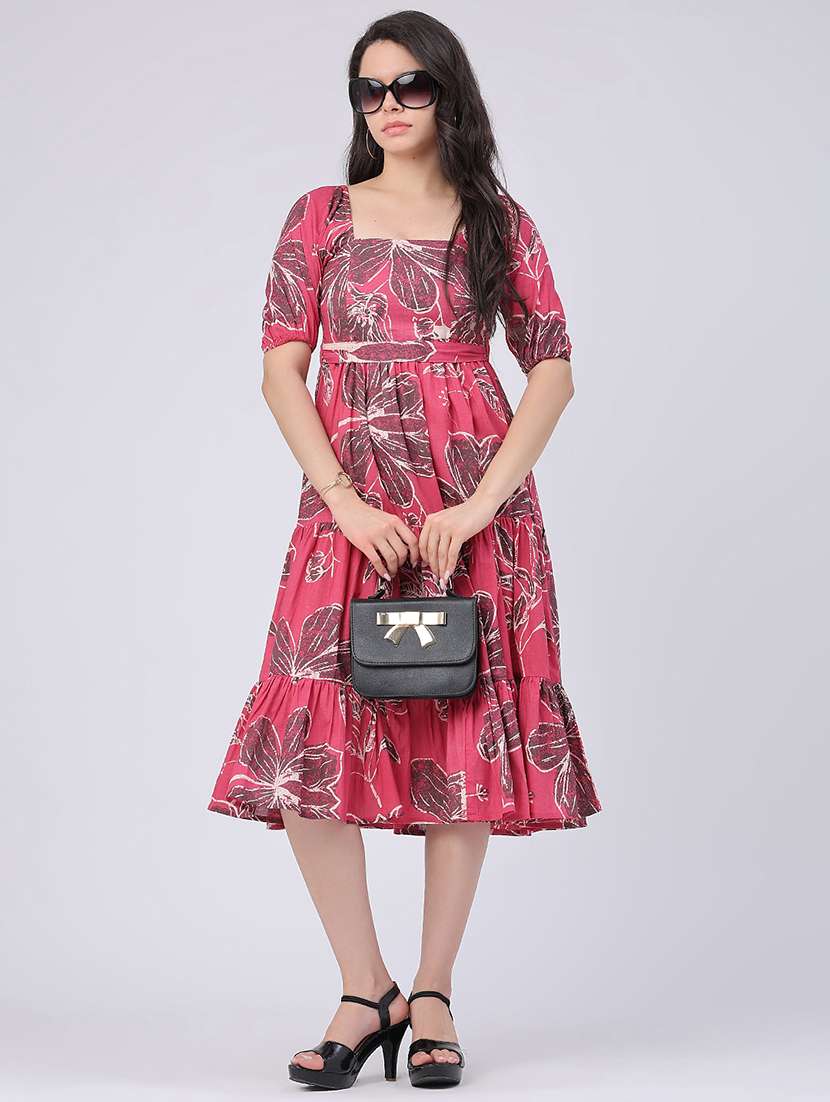 women printed short sleeves tiered dress