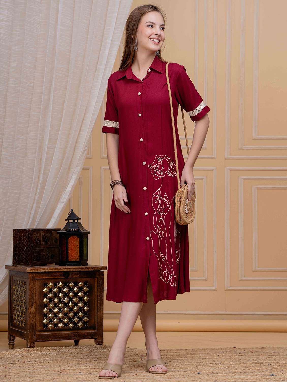 women embroidered collared short sleeve shirt dress