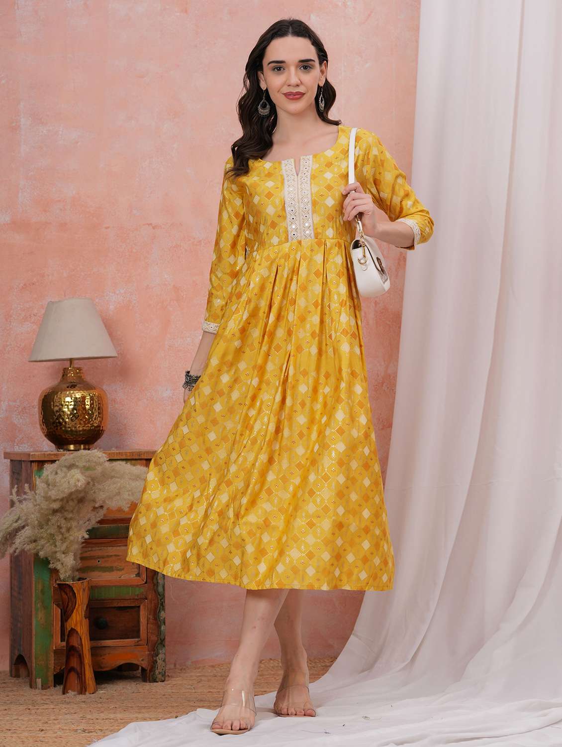 women printed three quarter sleeve fit & flare dress