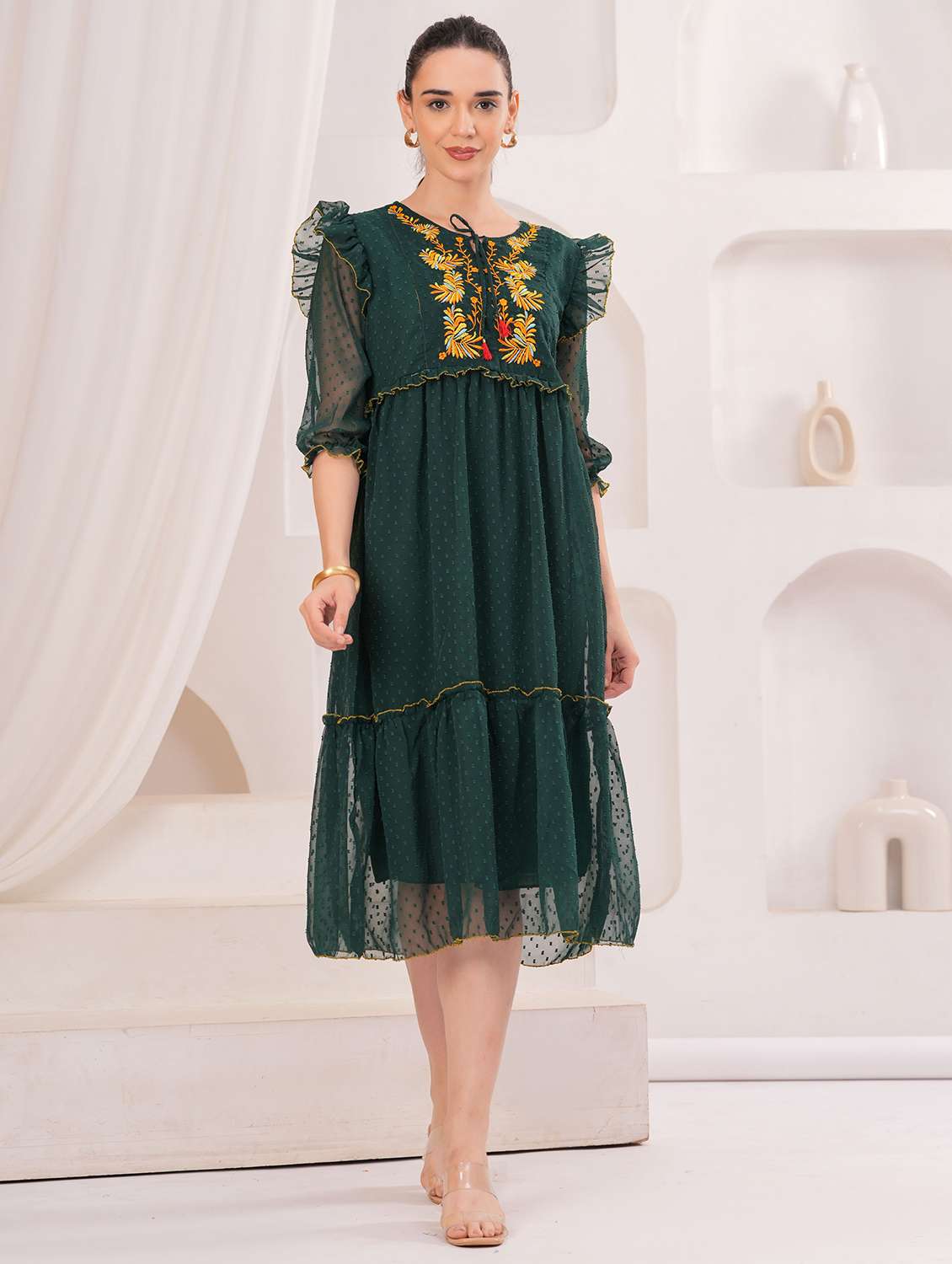 women self designed three quarter sleeve tiered dress