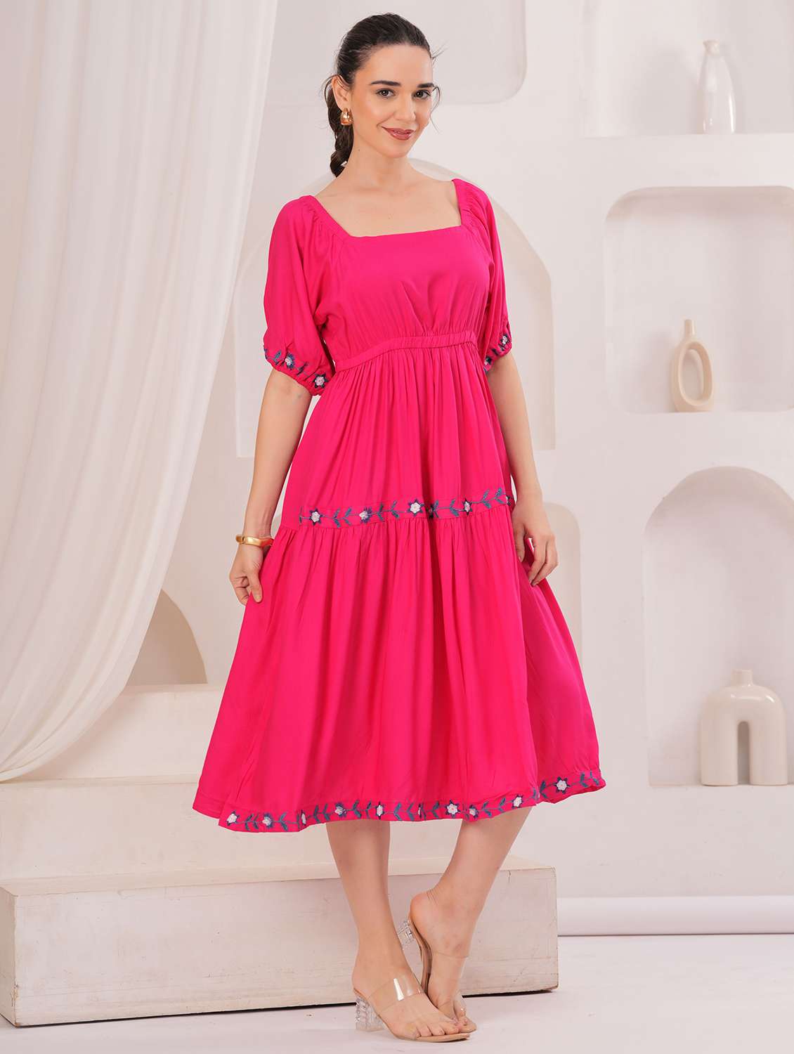 women embroidered puff sleeve tiered dress