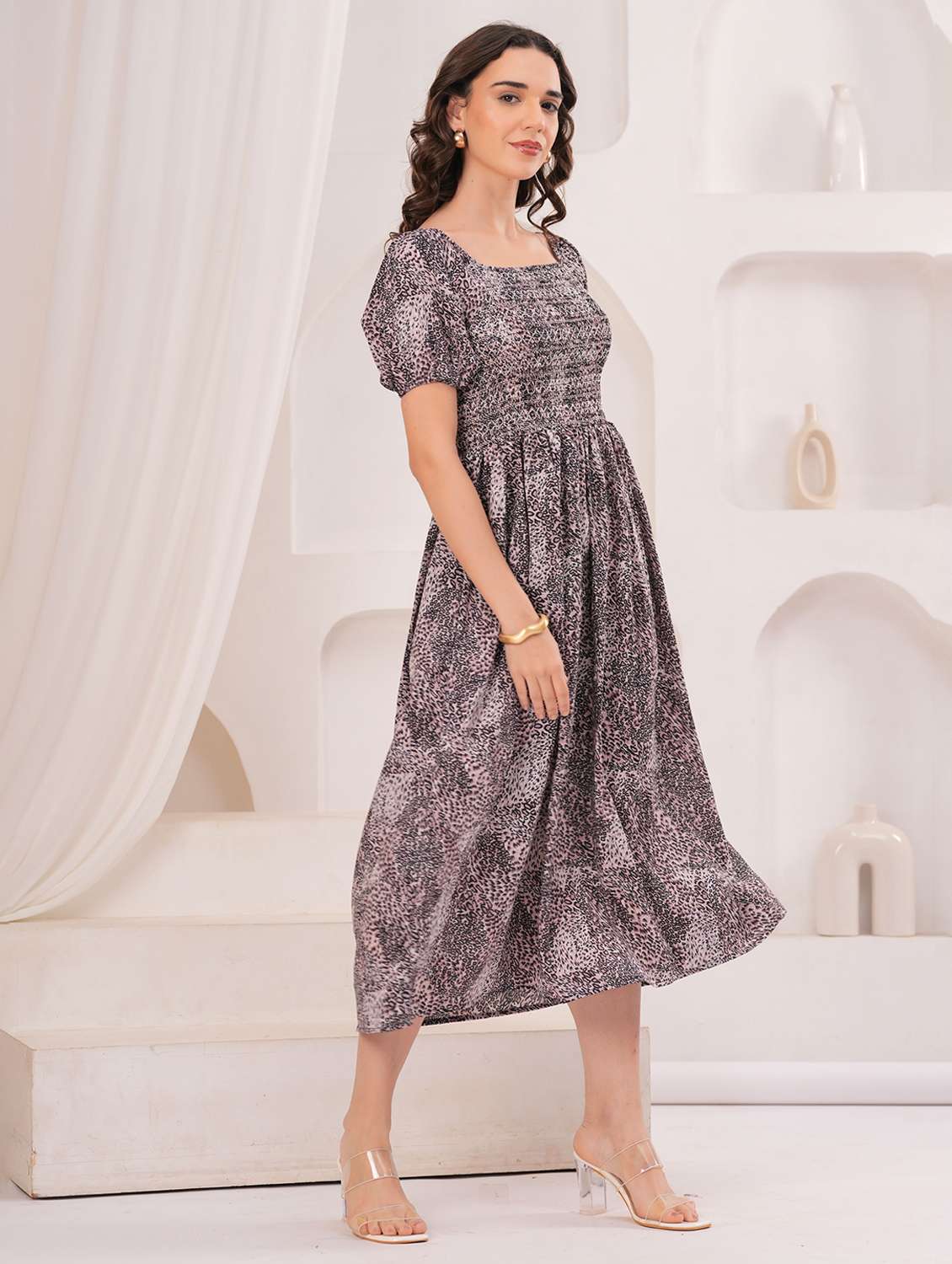 women printed puff sleeve fit & flare dress - 22305896 -  Standard Image - 3