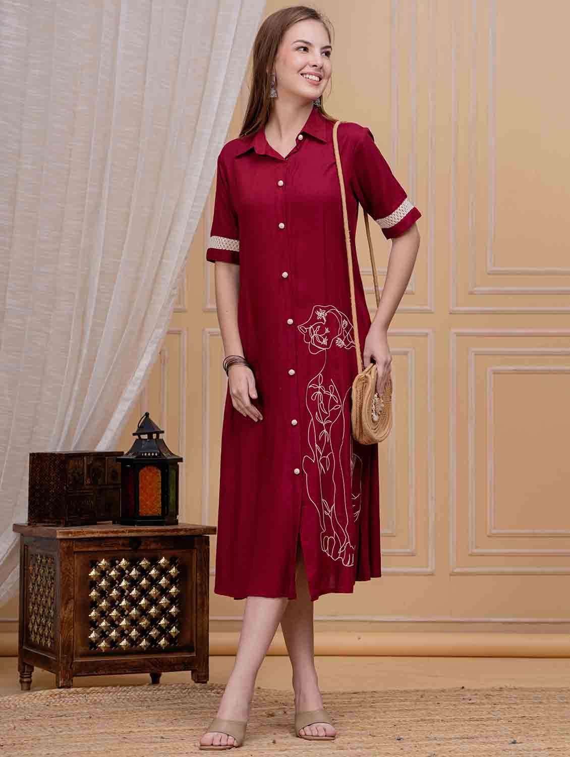 women embroidered collared short sleeve shirt dress