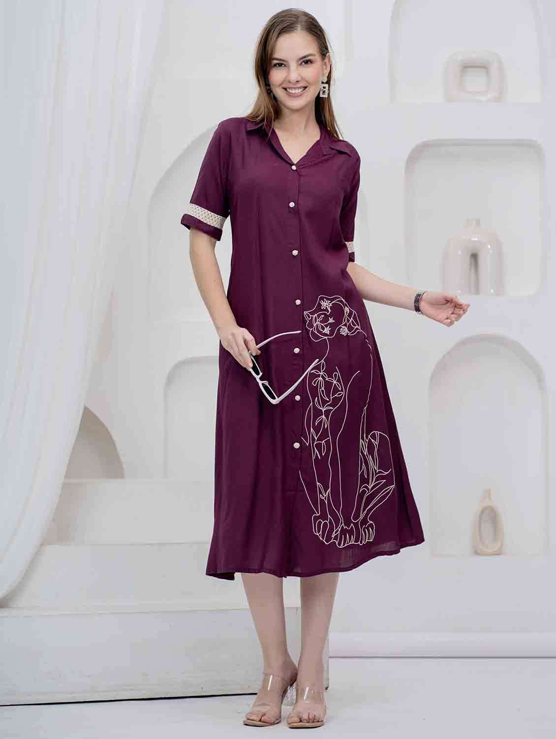 women embroidered collared short sleeve shirt dress