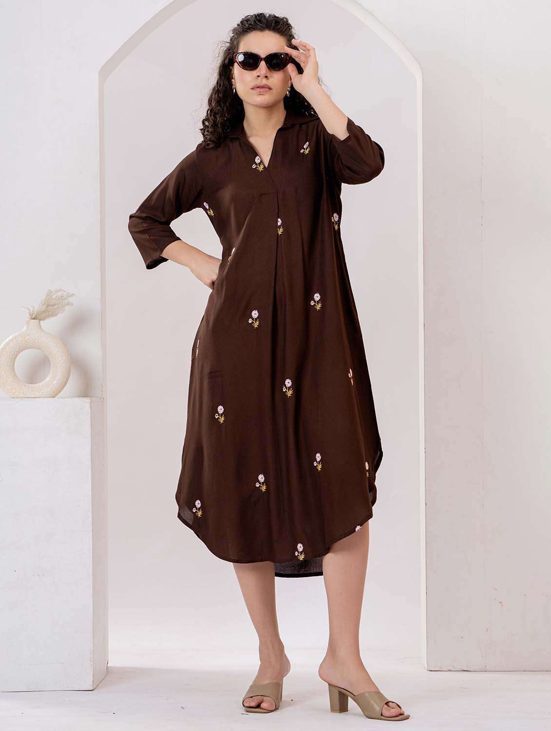 women embroidered three quarter sleeve asymmetric dress