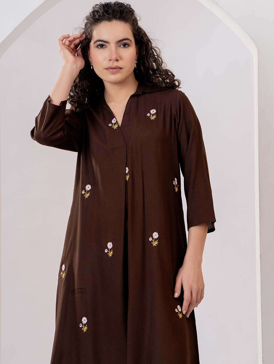 women embroidered three quarter sleeve asymmetric dress - 22305900 -  Standard Image - 3