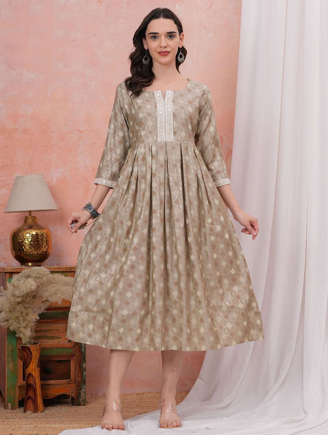 women printed three quarter sleeve fit & flare dress