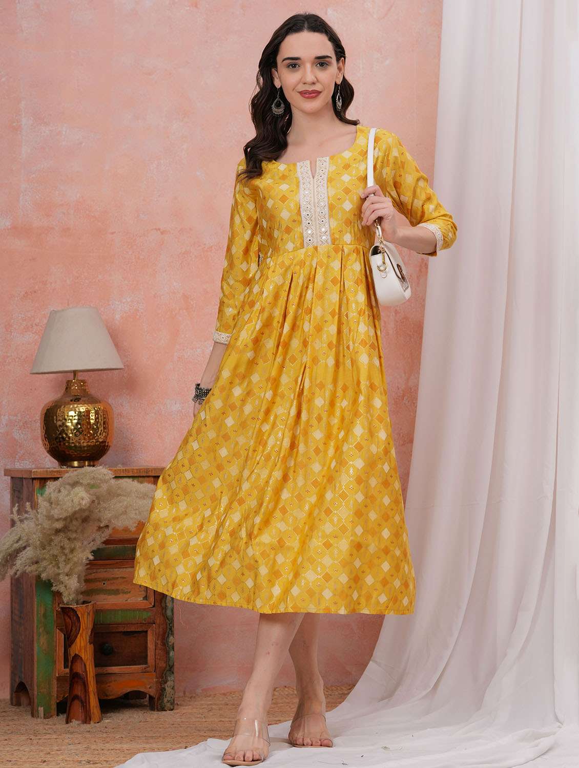 women printed three quarter sleeve fit & flare dress