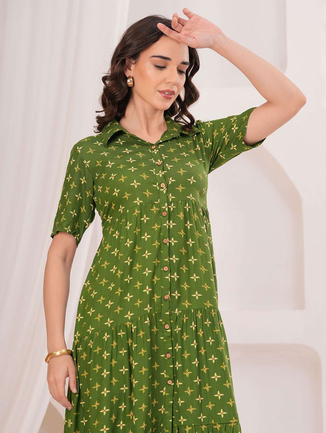 women printed collared short sleeve tiered dress - 22305906 -  Standard Image - 3