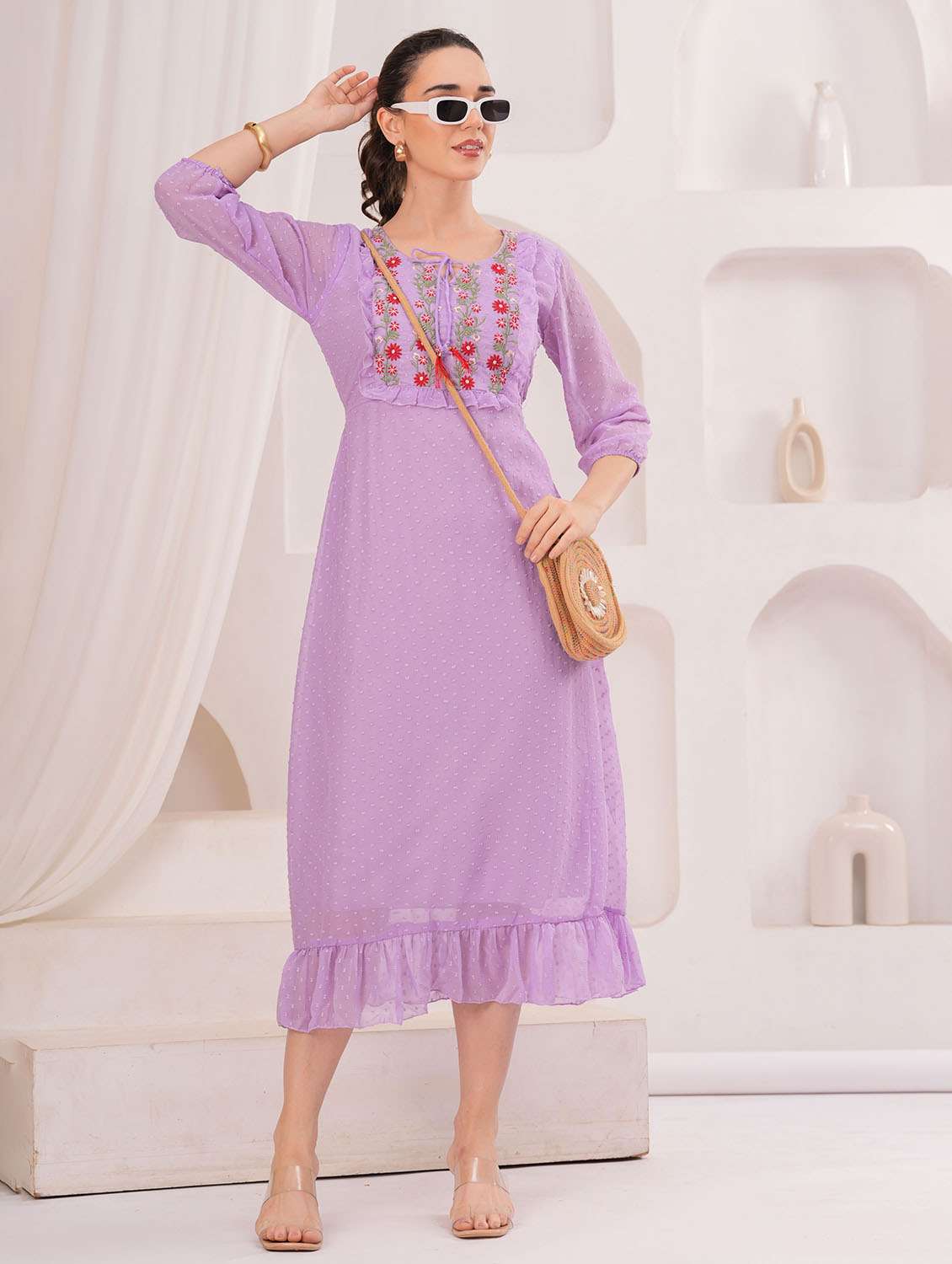 women self designed three quarter sleeve tiered dress