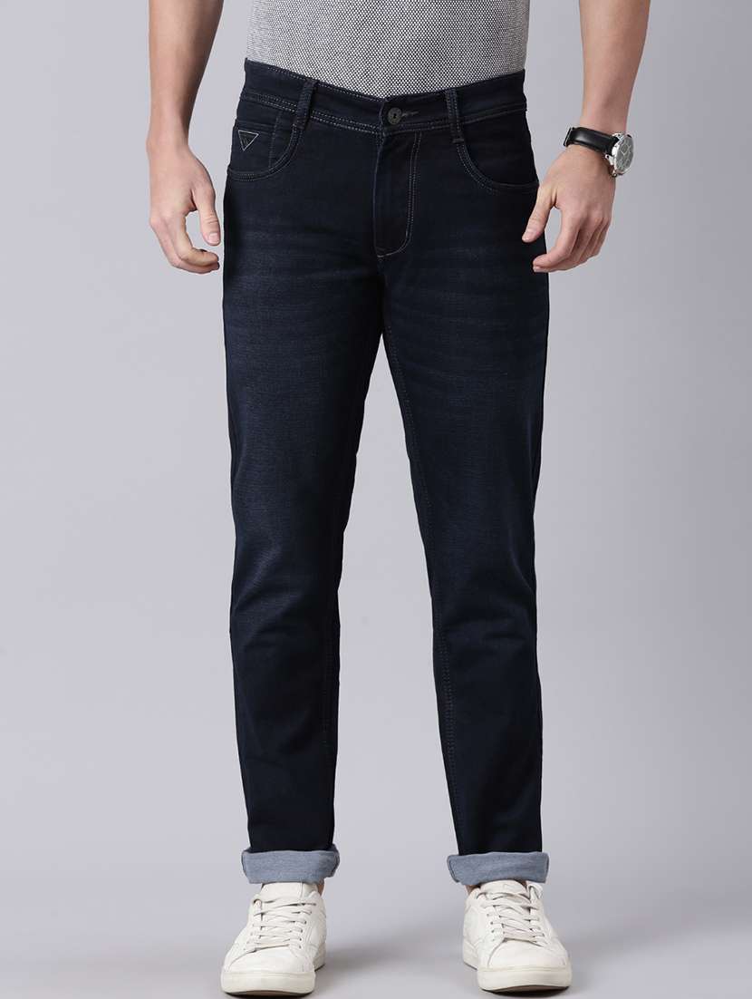 men washed mid rise full length jeans