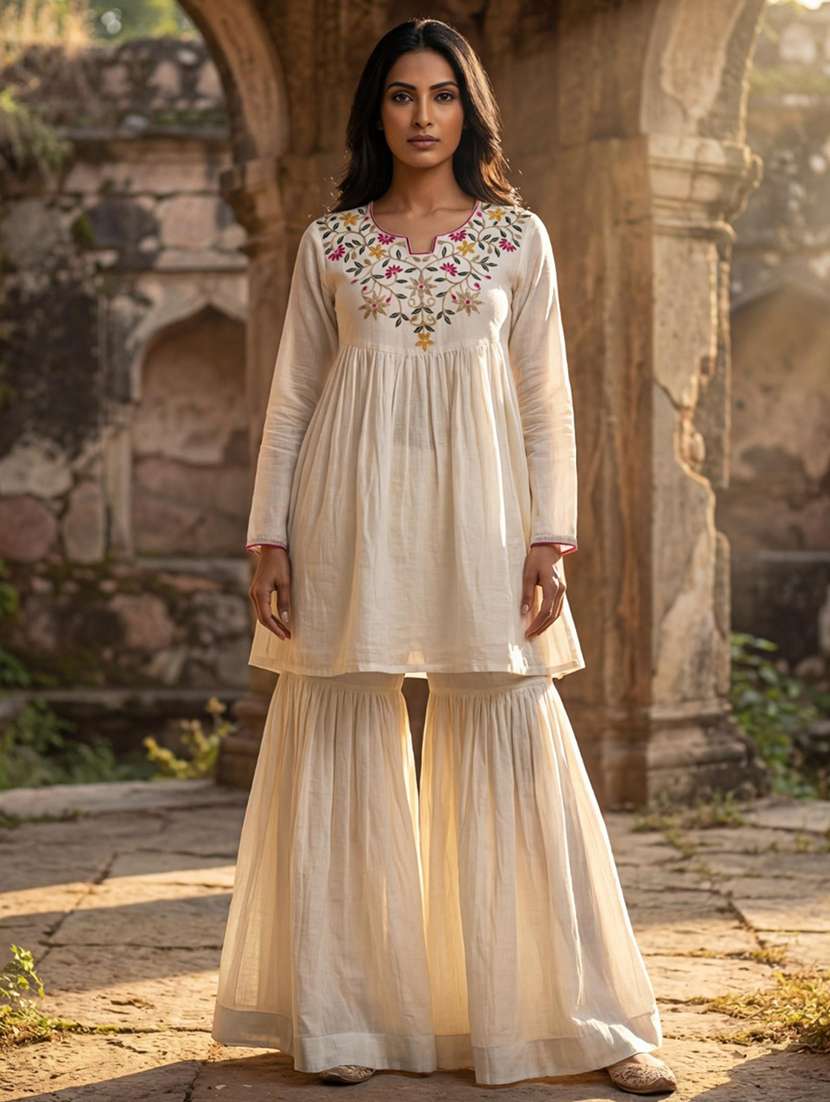 women solid with work long sleeve kurta sharara set