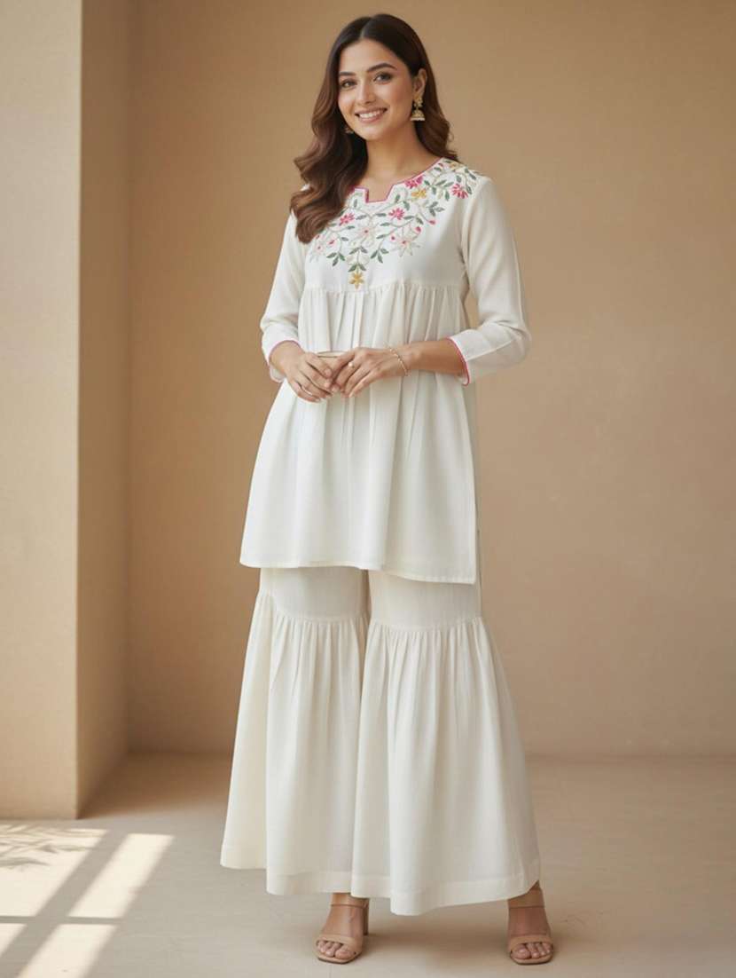 women solid with work long sleeve kurta sharara set - 22306080 -  Standard Image - 3