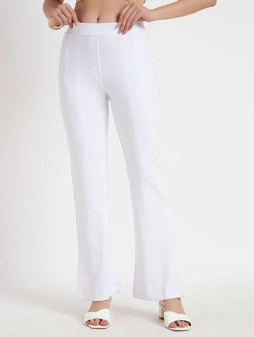 women solid high rise bootcut trouser