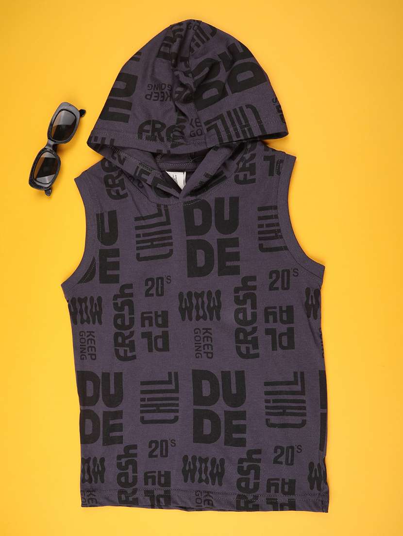 boys printed sleeveless hooded t-shirt
