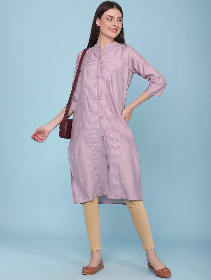 women solid three quarter sleeves straight kurta