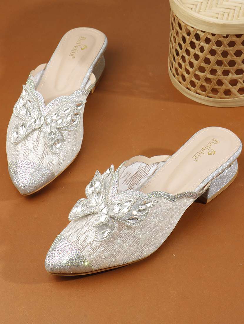 women embellished slip on mules