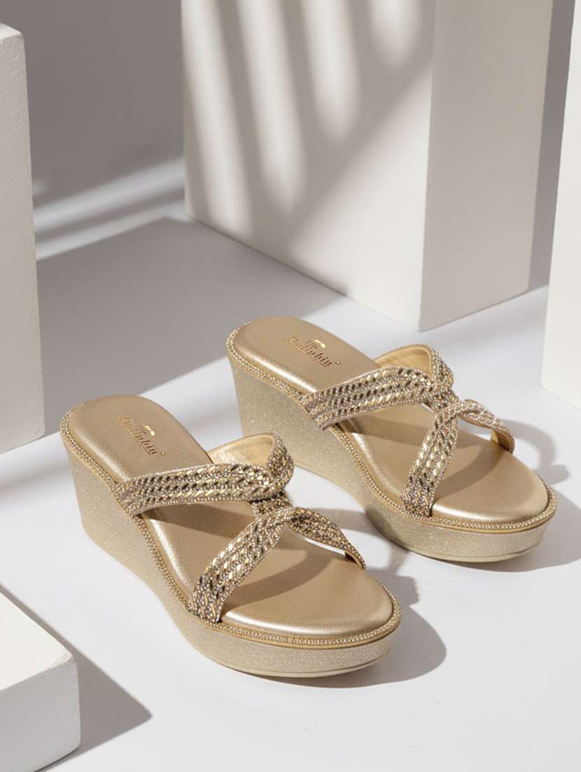 women embellished slip on platform wedge