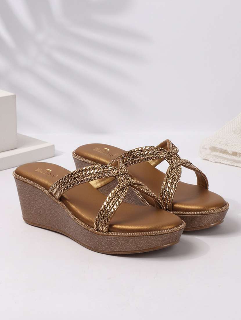 women embellished slip on platform wedge