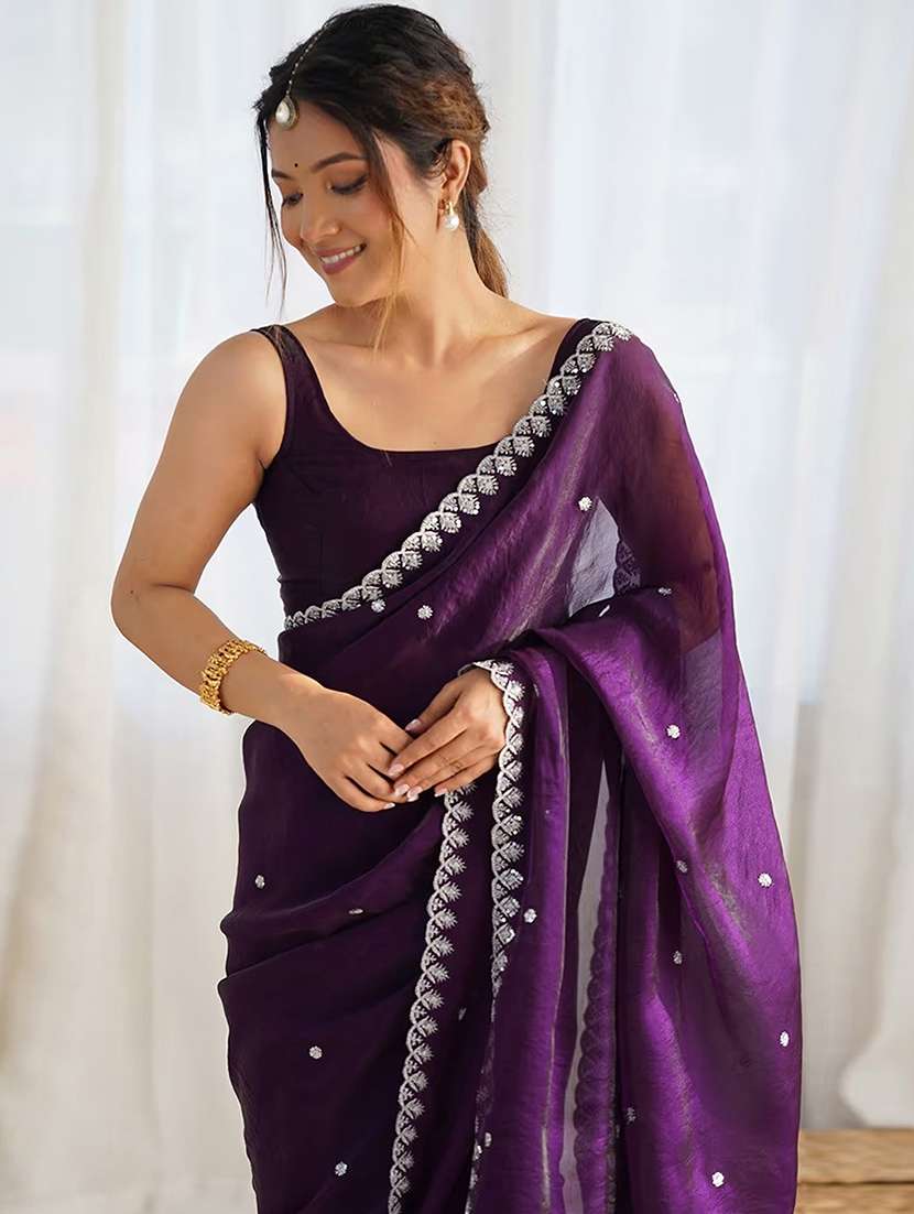 women solid with work embroidered saree with blouse - 22307618 -  Standard Image - 3