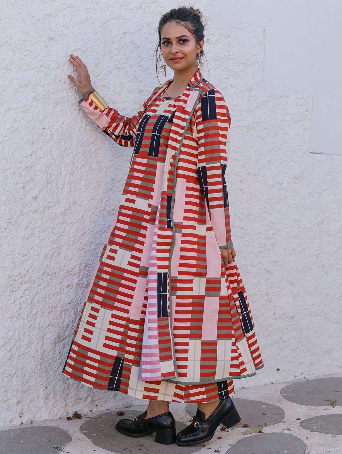 women printed fit and flared dress with shrug