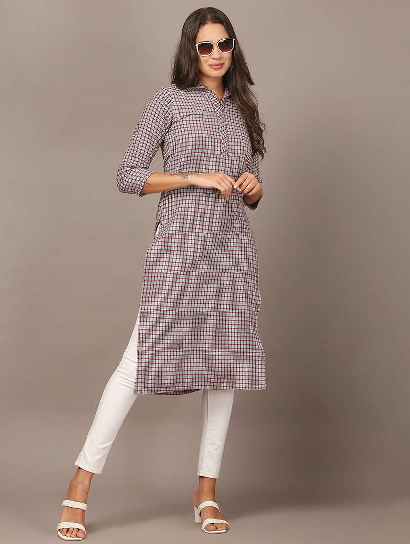 women checkered three quarter sleeve kurta