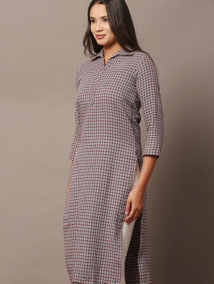 women checkered three quarter sleeve kurta - 22307671 -  Standard Image - 5