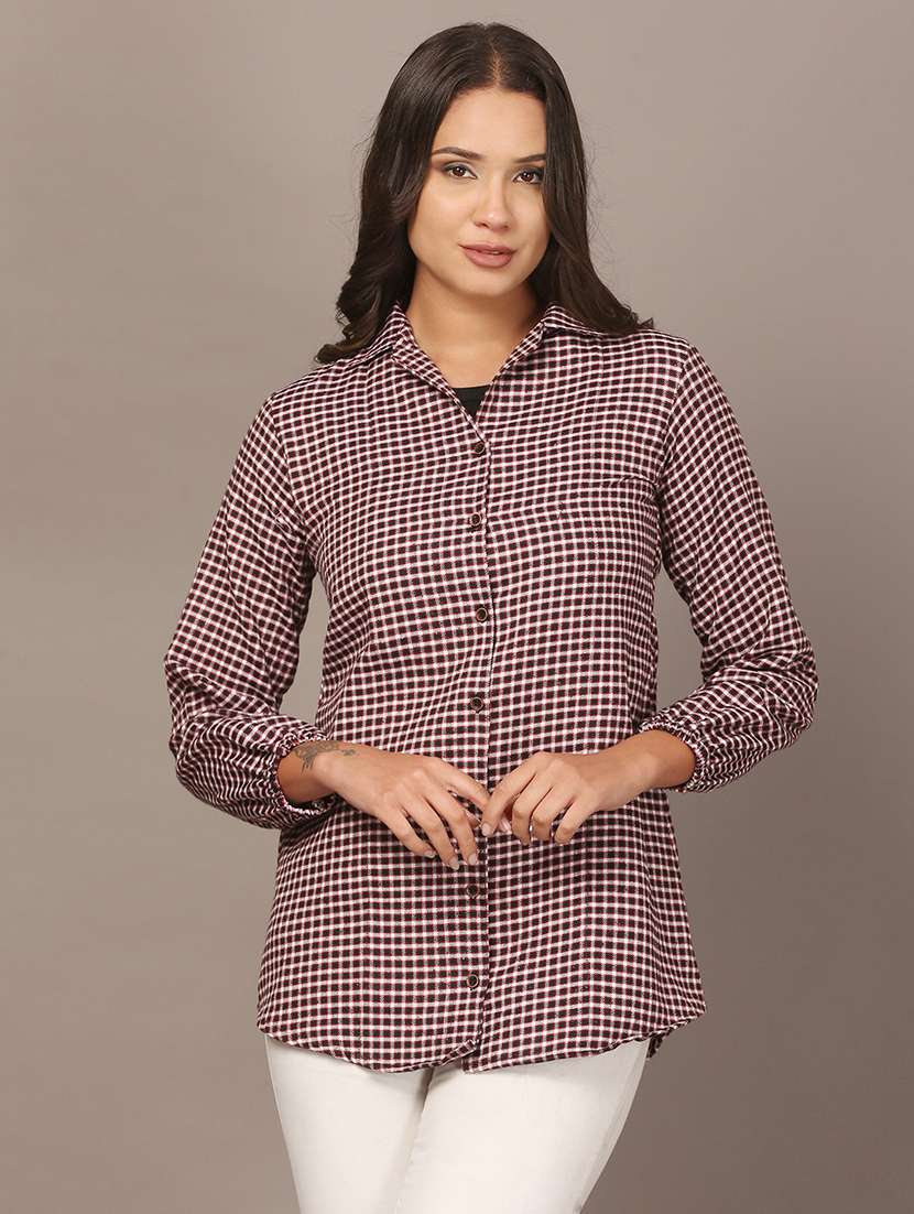 women checkered collared long sleeve shirt