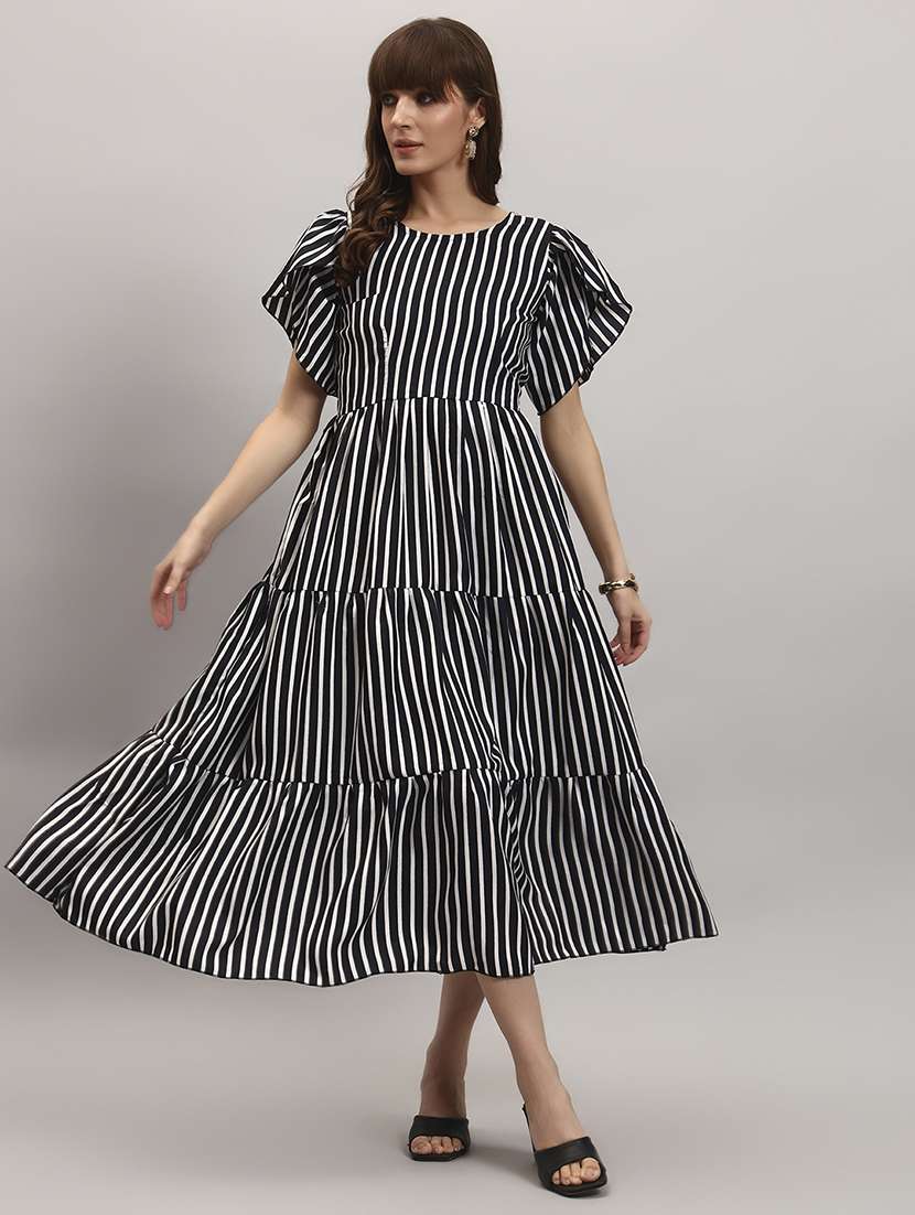 women striped short sleeve tiered dress