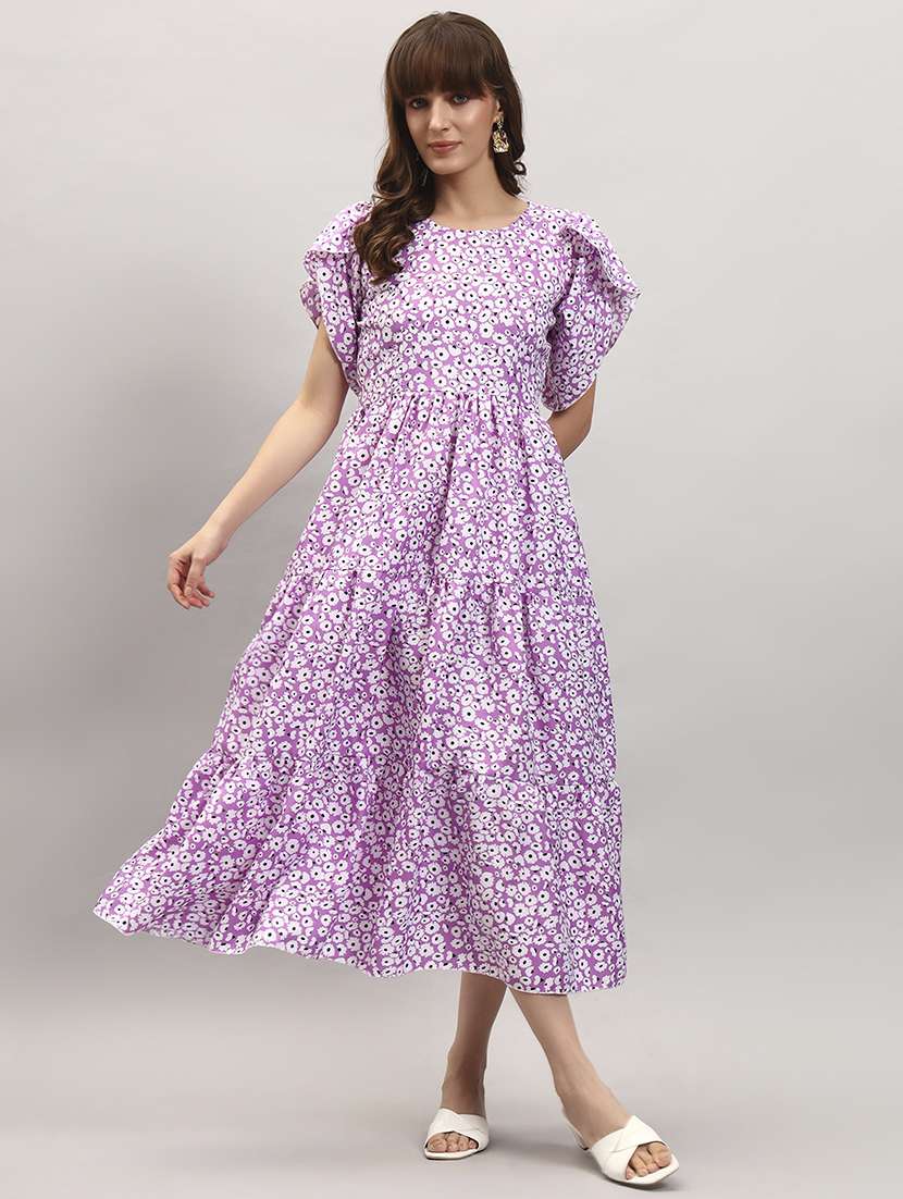 women printed short sleeve tiered dress