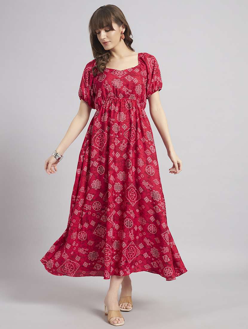 women bandhani puff sleeves a-line dress