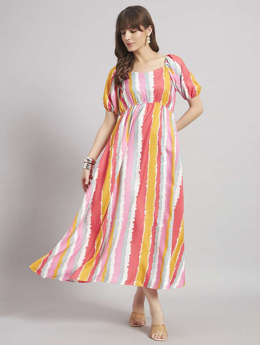 women striped puff sleeve a-line dress