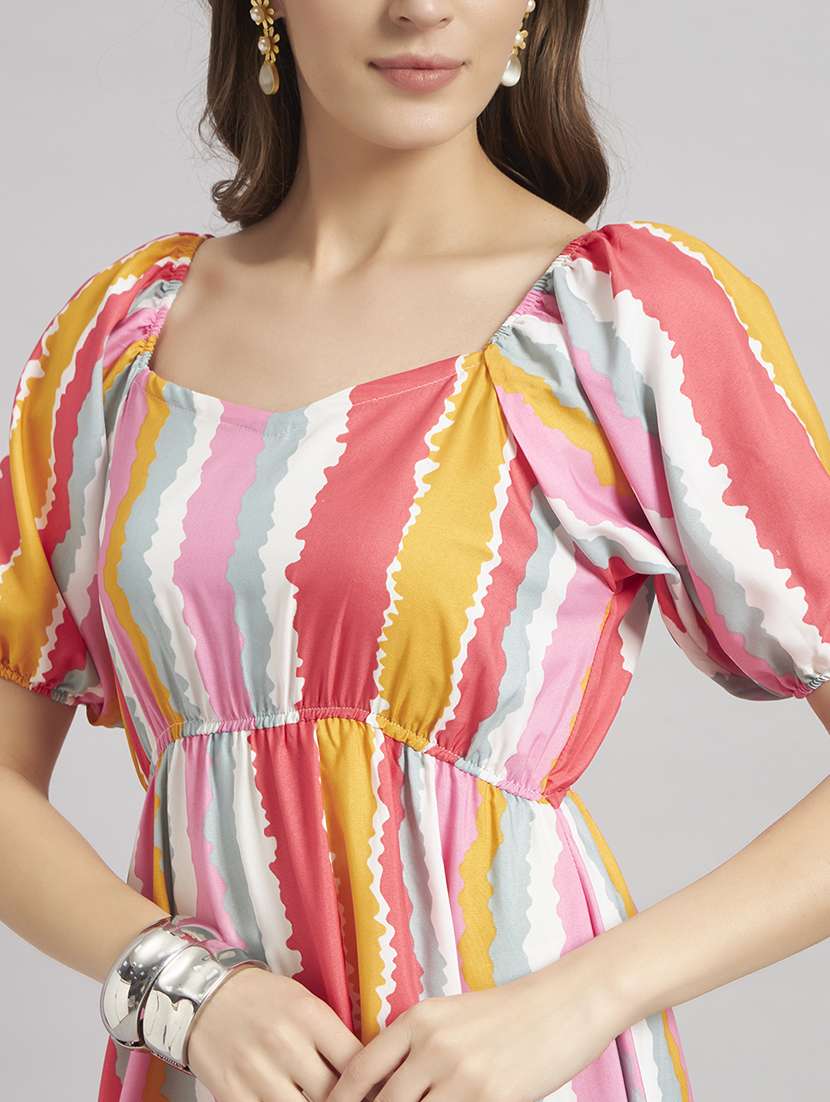 women striped puff sleeve a-line dress - 22307771 -  Standard Image - 3