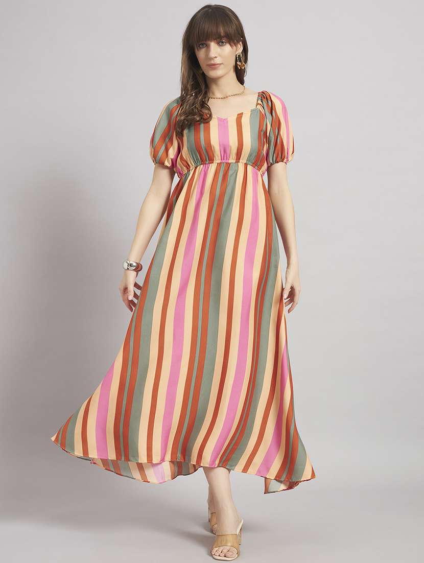 women striped puff sleeve a-line dress