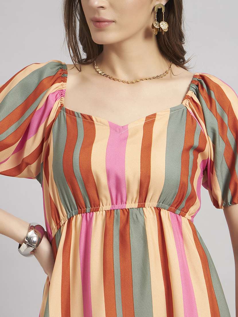 women striped puff sleeve a-line dress - 22307773 -  Standard Image - 3