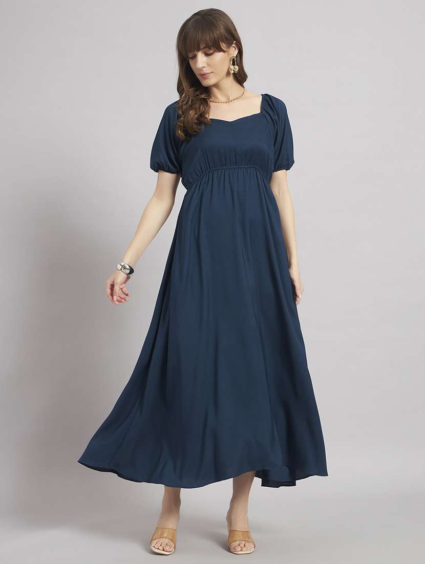 women solid puff sleeve a-line dress