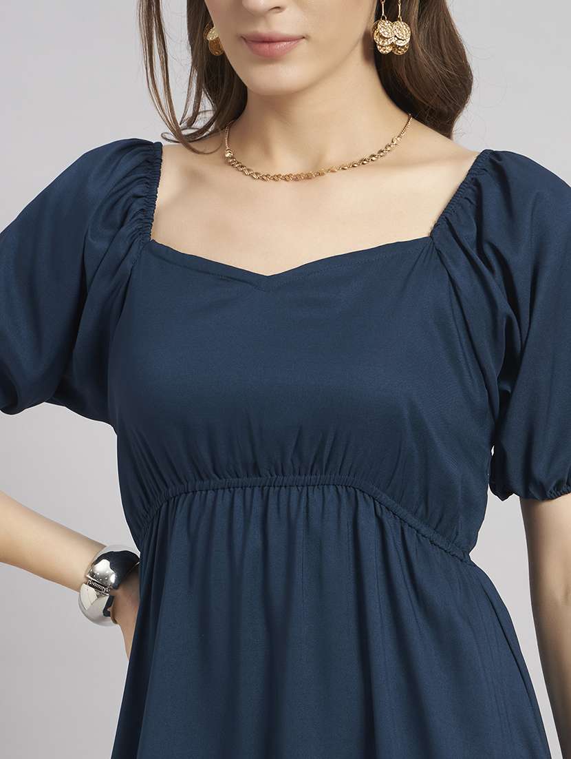 women solid puff sleeve a-line dress - 22307790 -  Standard Image - 3