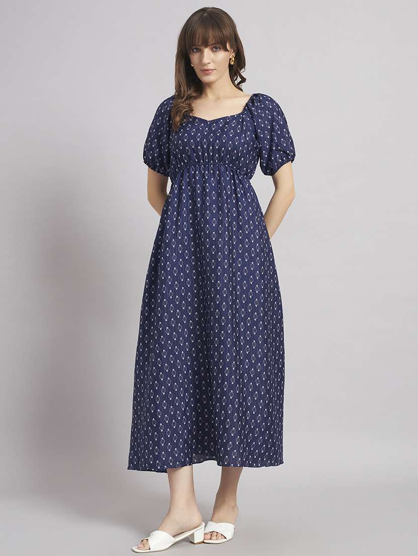 women printed puff sleeve a-line dress