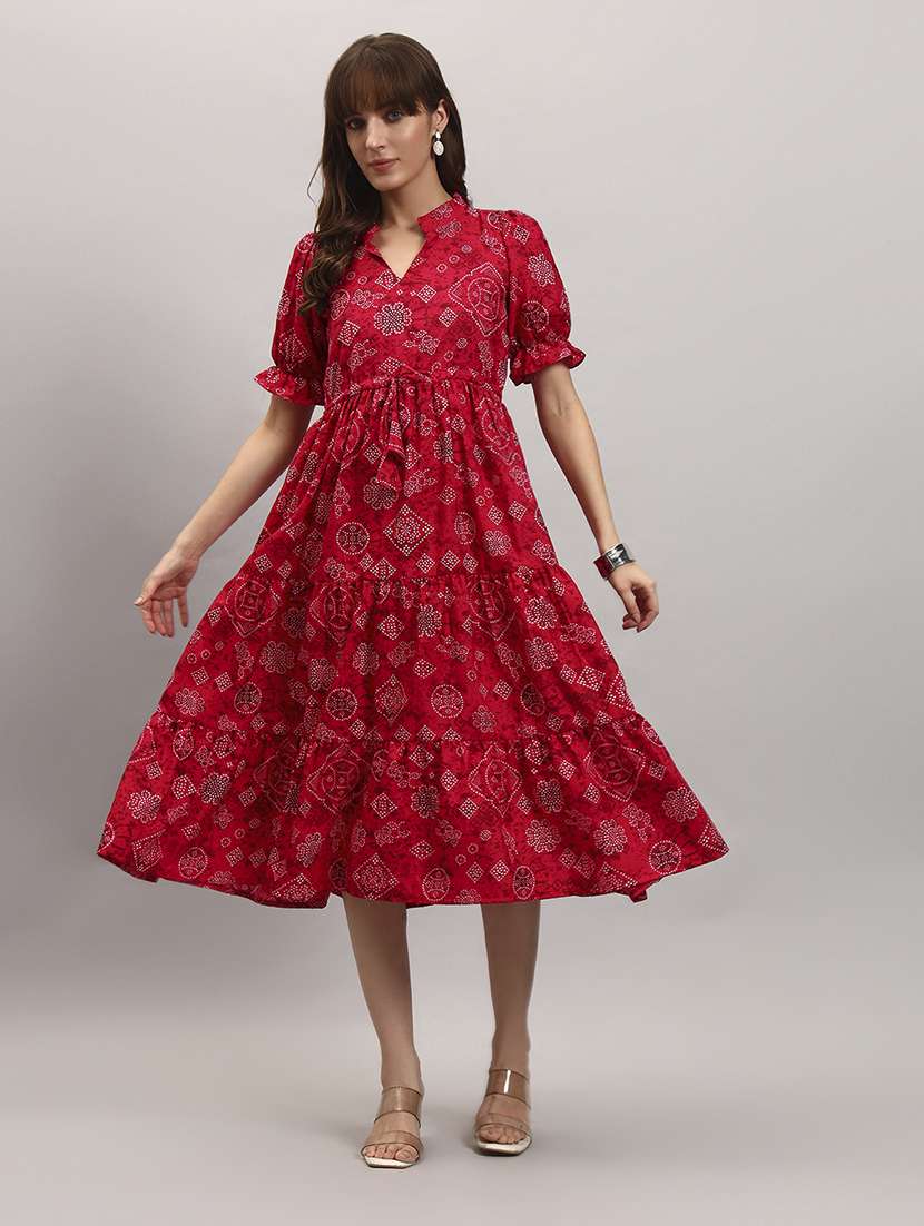 women printed short sleeve tiered dress